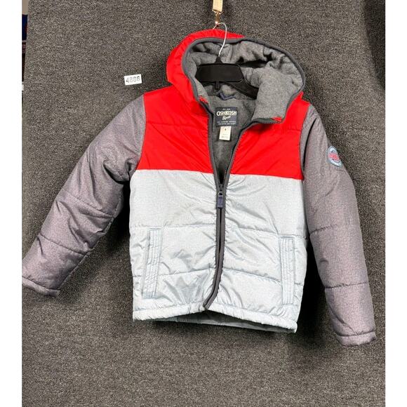 OshKosh B'gosh Jacket Boys 8 Red Gray Hooded Puffer Fleece Lined Winter Coat - Picture 1 of 7